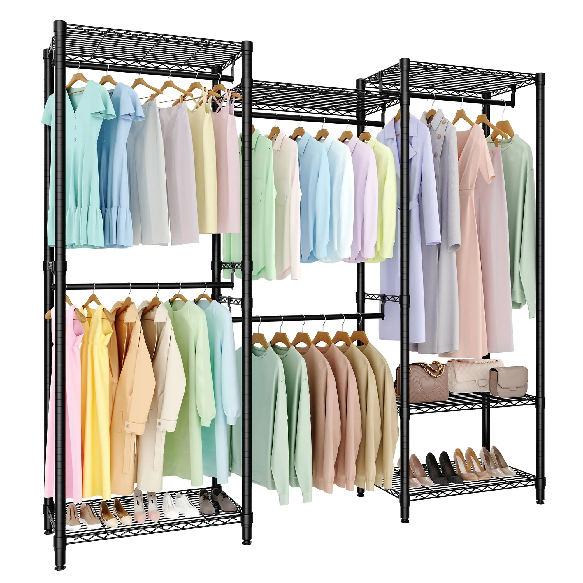 Garvee Heavy-Duty Freestanding Garment Rack - 4 Hanging Rods - Adjustable Shelves - Dividable Sections - Portable Open Closet Organizer, 1630 lb Capacity, Black, Heavy Duty Clothes Rack, Open Closet, Clothing Rack, Bedroom, Laundry Room, Walk-in Closet
