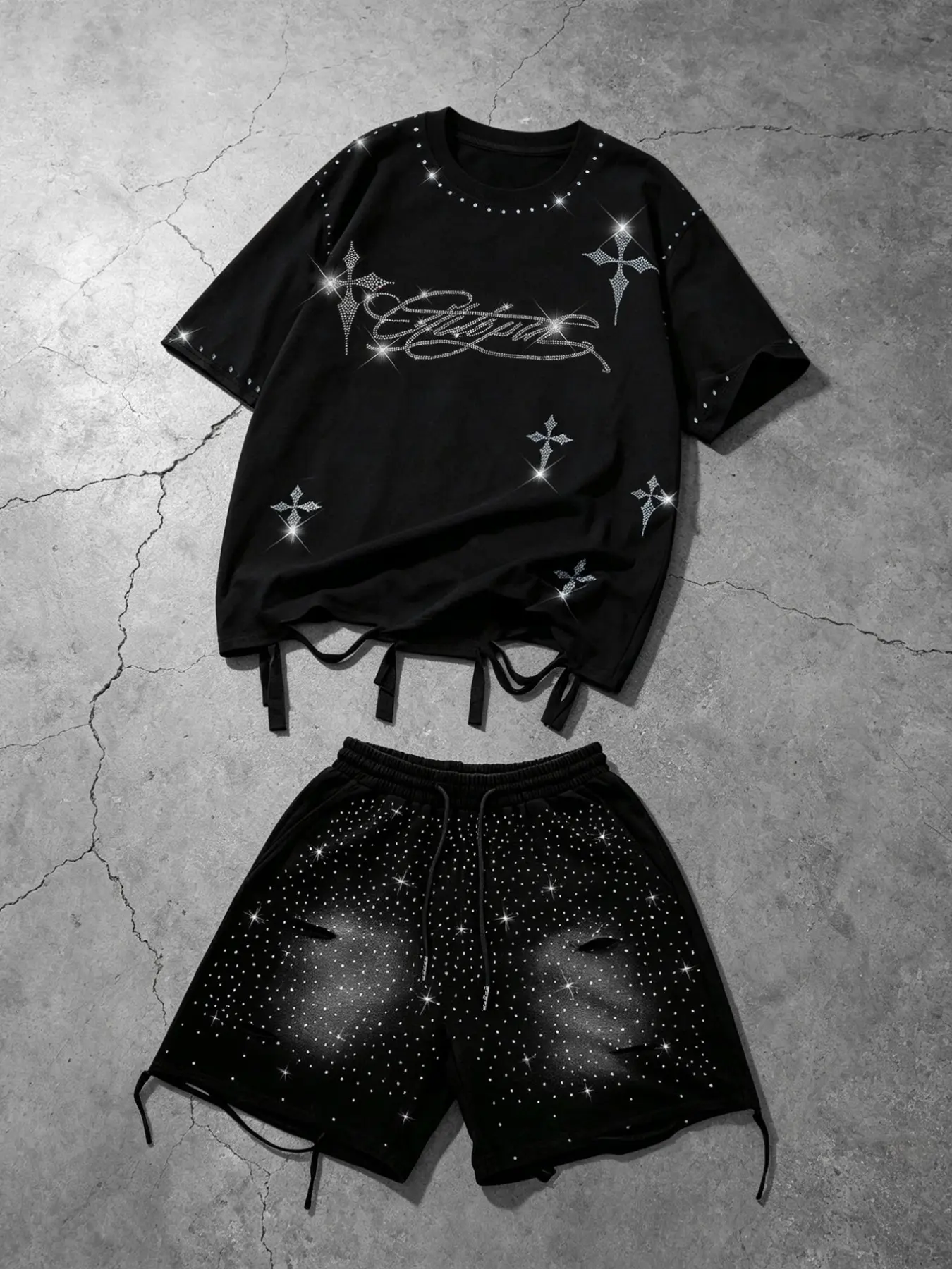Unisex Cross Body Bag Set, American High Street Style, Rhinestone Embellished, Full Star Water Drizzle Hem, Drawstring Loose Fit Two-Piece Set