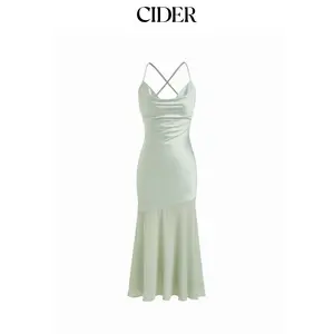 Cider Satin Cowl Neck Ruched Criss Cross Mermaid Maxi Dress