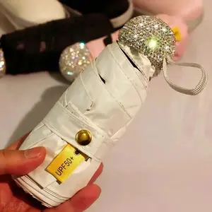 Mini Capsule Folding Umbrella, Rhinestone Handle UV Protection Travel Umbrella for Sun & Rain