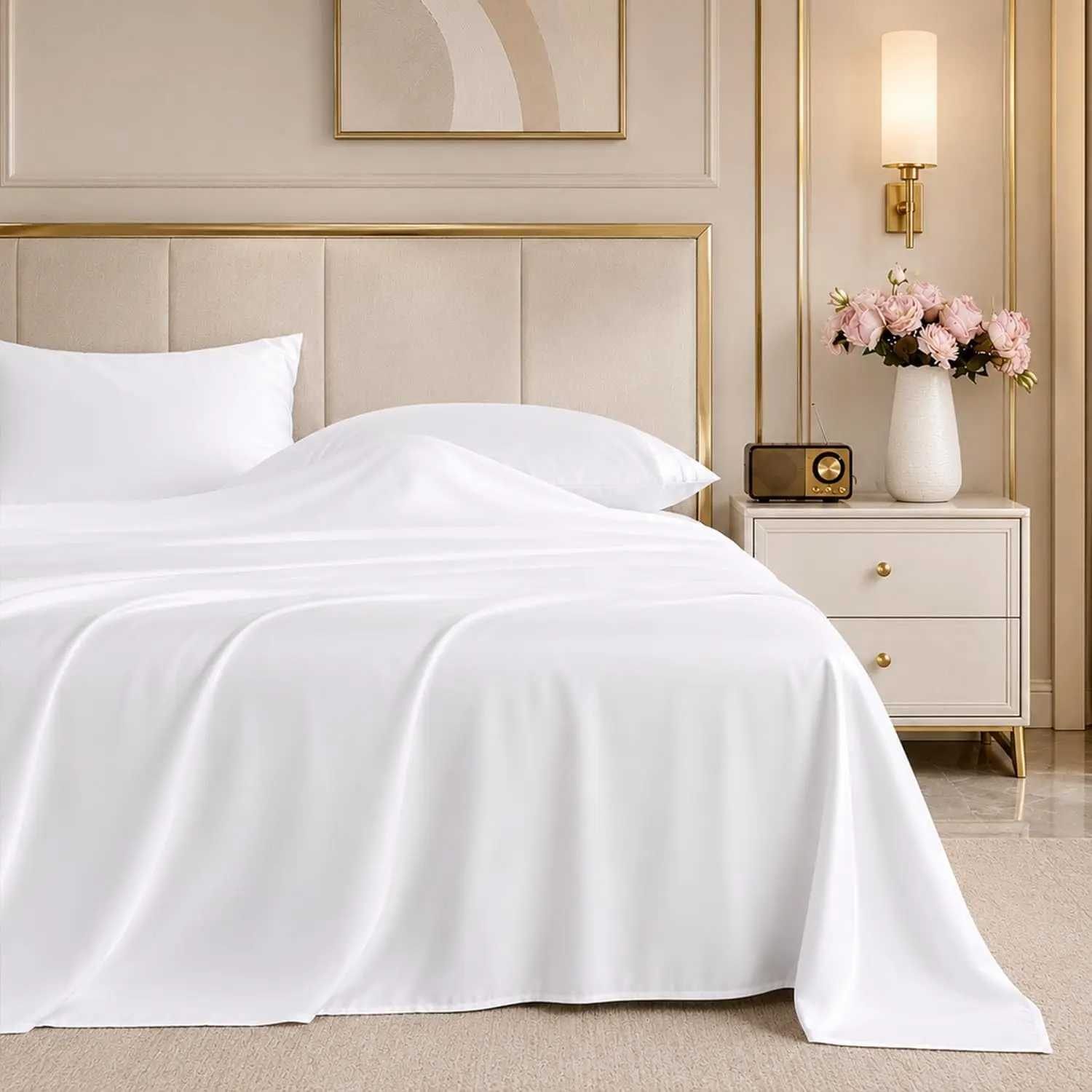 White Queen Sheet Set, 4 Pieces Soft Bedding Queen Sheet Set, Breathable and Cooling Sheets, Deep Pocket with 1 Fitted, 1 Flat, 2 Pillow Cases (White, Queen Size)
