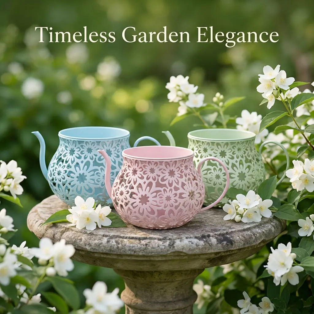Retro Portable Teapot-Shaped Iron Flower Pots & Planters, Hollow Floral-Carved Weather-Resistant Garden Floral Vases for Balconies, Terraces Outdoor Home Decor, Weatherproof