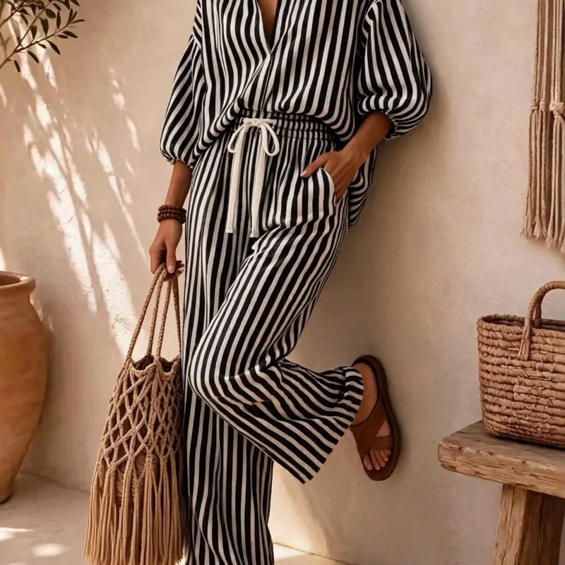 Women’s Two-Piece Casual Set, Striped Collared Half Placket Top and Pants, Comfortable Lounge Outfit for Home, Vacation and Daily Wear, Loungewear