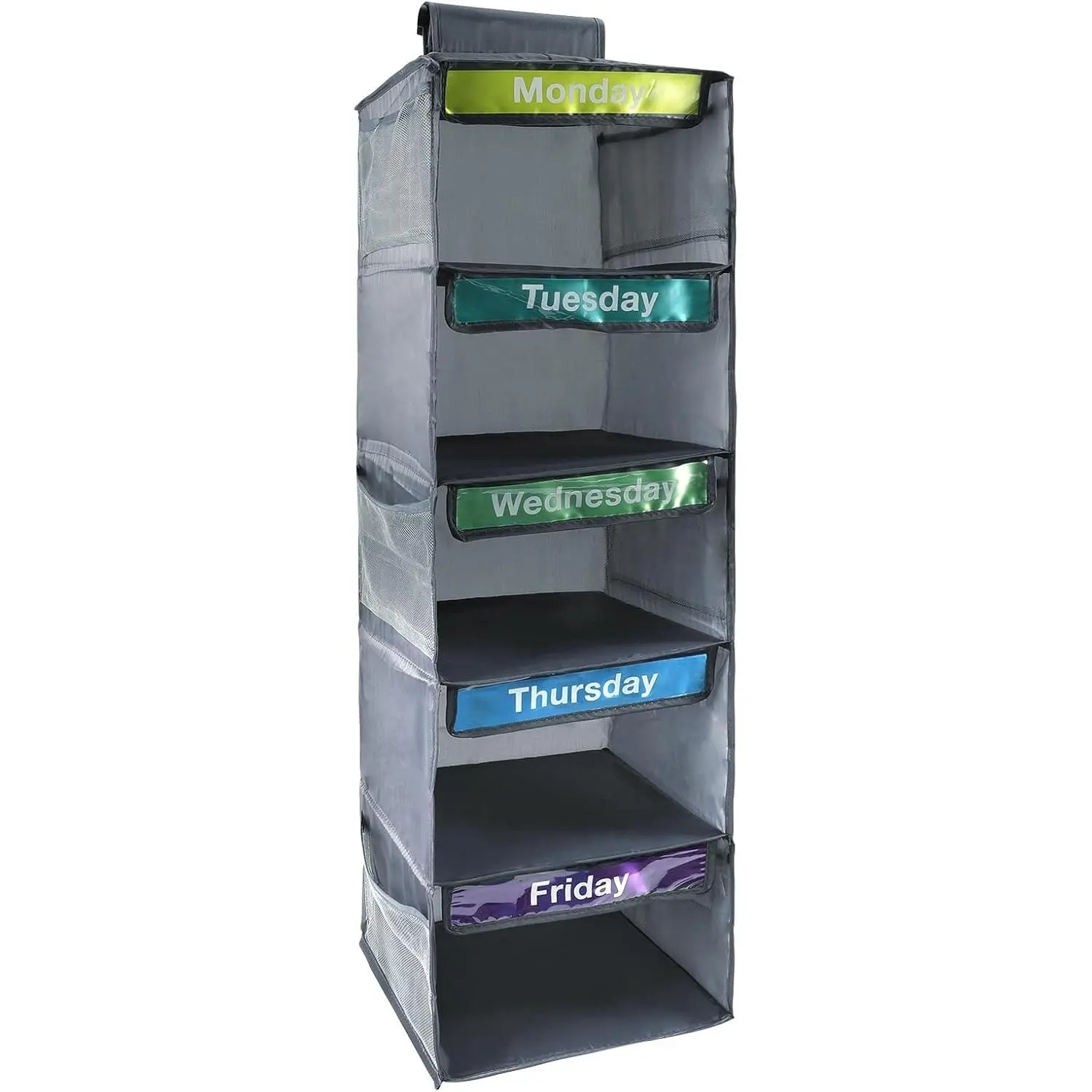 5 Shelf Weekly Clothes Organizer for Kids Daily (Grey) | Days of The Week Clothes Organizer Kid Outfit, Weekday Hanging Closet Shelves with 6 Side Pockets Monday Through Friday