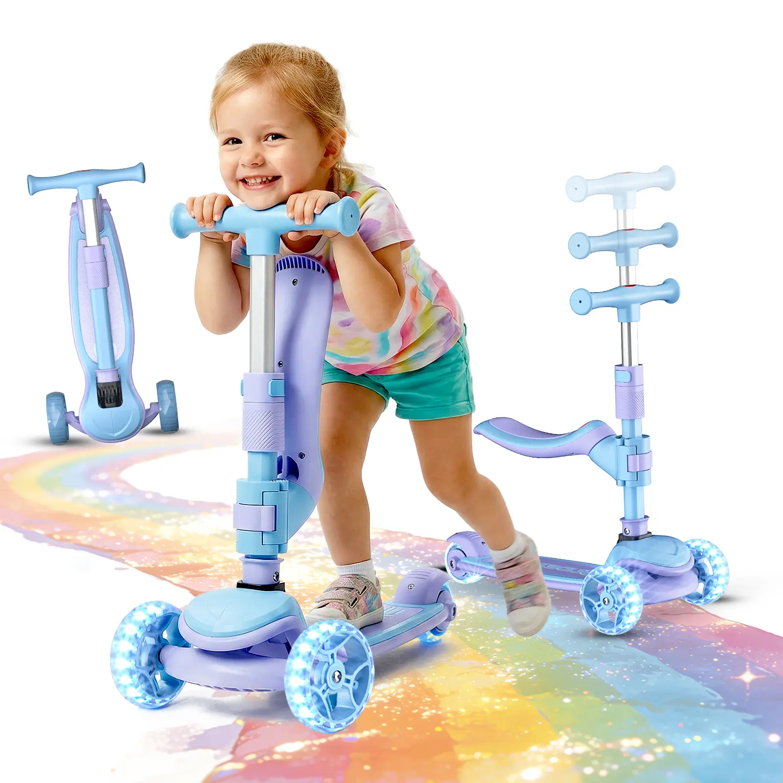 Kick Scooter for Kids & Toddlers Ages 3-14, 3-Wheel Folding Design with Light-Up PU Wheels, Adjustable Height, Wide Anti-Slip Deck & Lean-to-Steer, Folding Scooter, Light Up Scooters