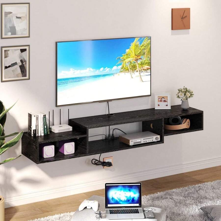 Classic 59" Wall-Mounted TV Stand, Floating TV Shelf with LED Lights and Power Outlet for Cable Box Audio Video, Living Room Bedroom Indoor Furniture (Black/Brown), Wall Mount Classic 59" Wall-Mounted TV Stand, Floating TV Shelf with LED Lights and Power Outlet for Cable Box Audio Video, Living Room Bedroom Indoor Furniture (Black/Brown), Wall Mount