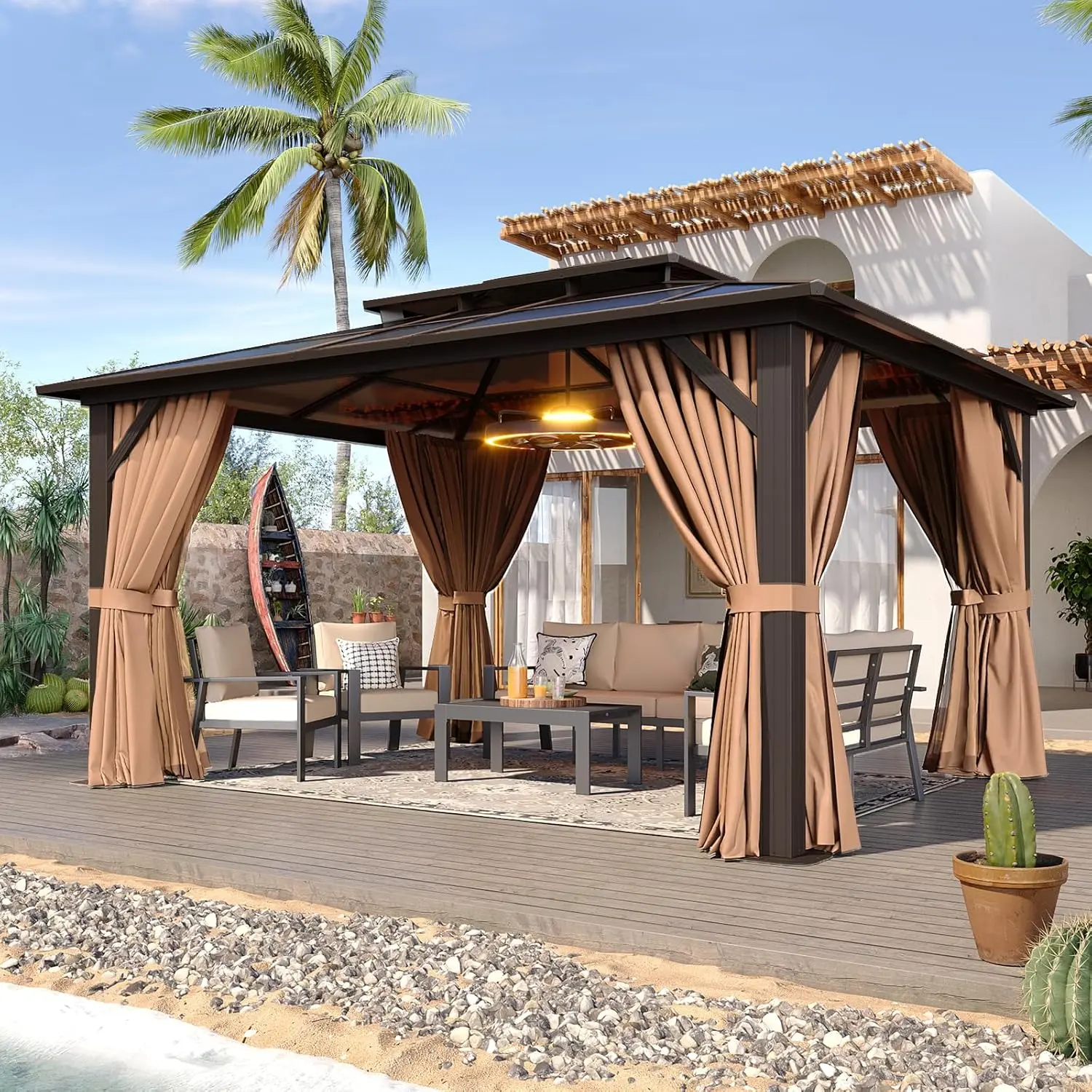 Aoxun 14'x10' Sturdy Flat Top Aluminium Hardtop Gazebo, Permanent Pavilion with Curtains, Netting & Polycarbonate Double Roof Cover, for Outdoor Living, Garden, Patio, Brown