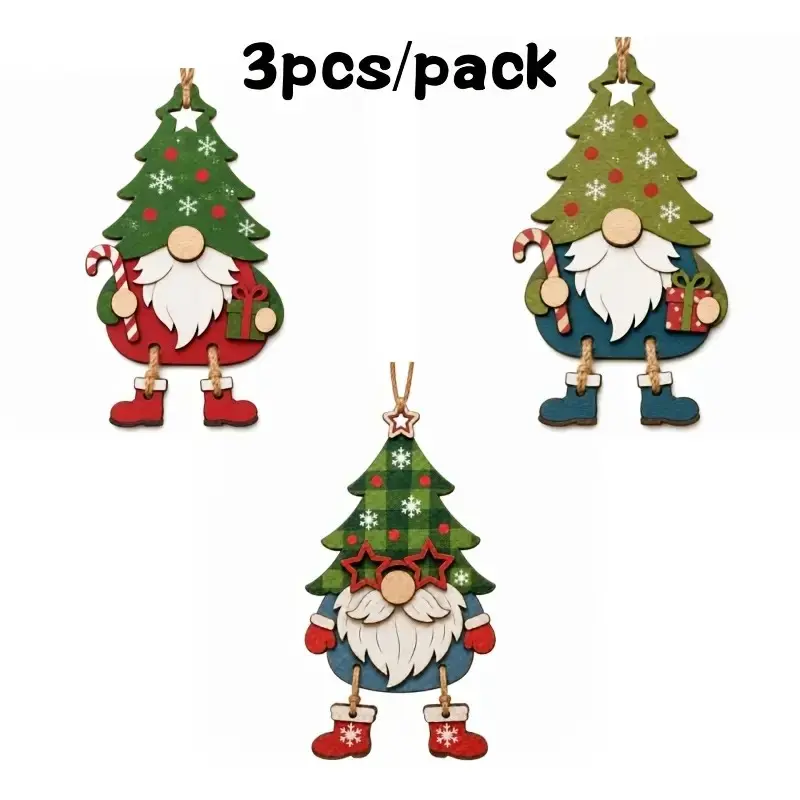 3 Wooden Christmas Elf Decorations, 3D Layered Tree Elves Hanging Ornaments, Fringe and Rope, Candy Stripe Gift Box, Home Festival Decor