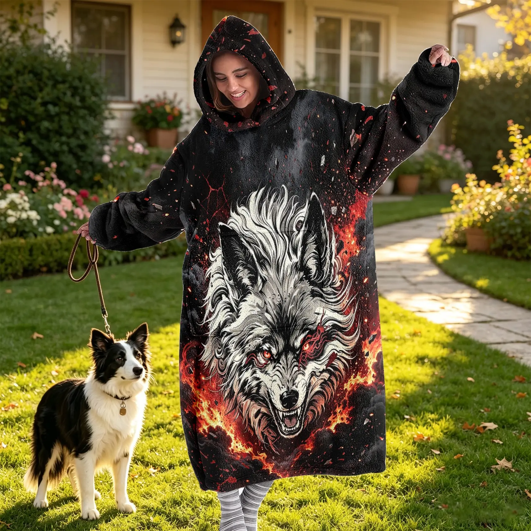 Oversized, Cozy, Hooded, Portable Wearable Blanket with Wolf Print; Soft Flannel Adult Sweatshirt Blanket with Large Pocket; Stylish, Unique Printed Warm Wearable Throw; One Size Fits Most Adults
