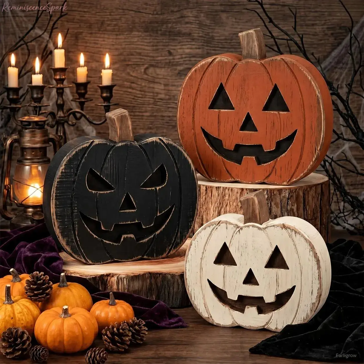 Rustic Farmhouse Halloween Wooden Tabletop Decor with Carved Jack O Lantern Pumpkin Design, Distressed Wood Craft Accents Ideal for Tiered Trays, Coffee Bars, Kitchen Counters and Home Shelf Styling