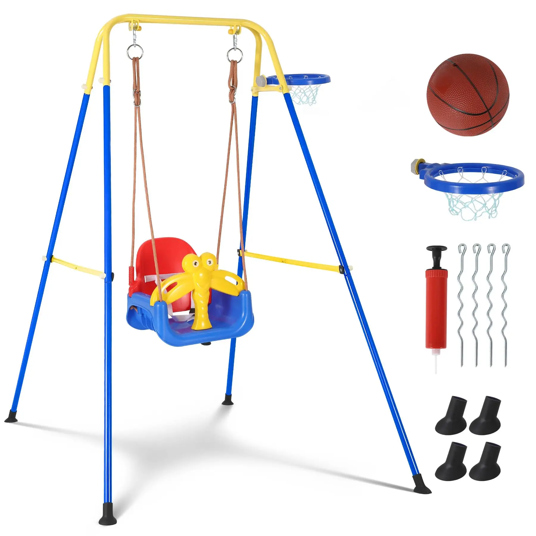 4-in-1 Toddler Swing Set – Multi-Functional Indoor & Outdoor Play Equipment with Baby Swing, Collapsible Metal Frame, Safety Belt & Basketball Hoop – For Kids 6-72 Months – Standard Version