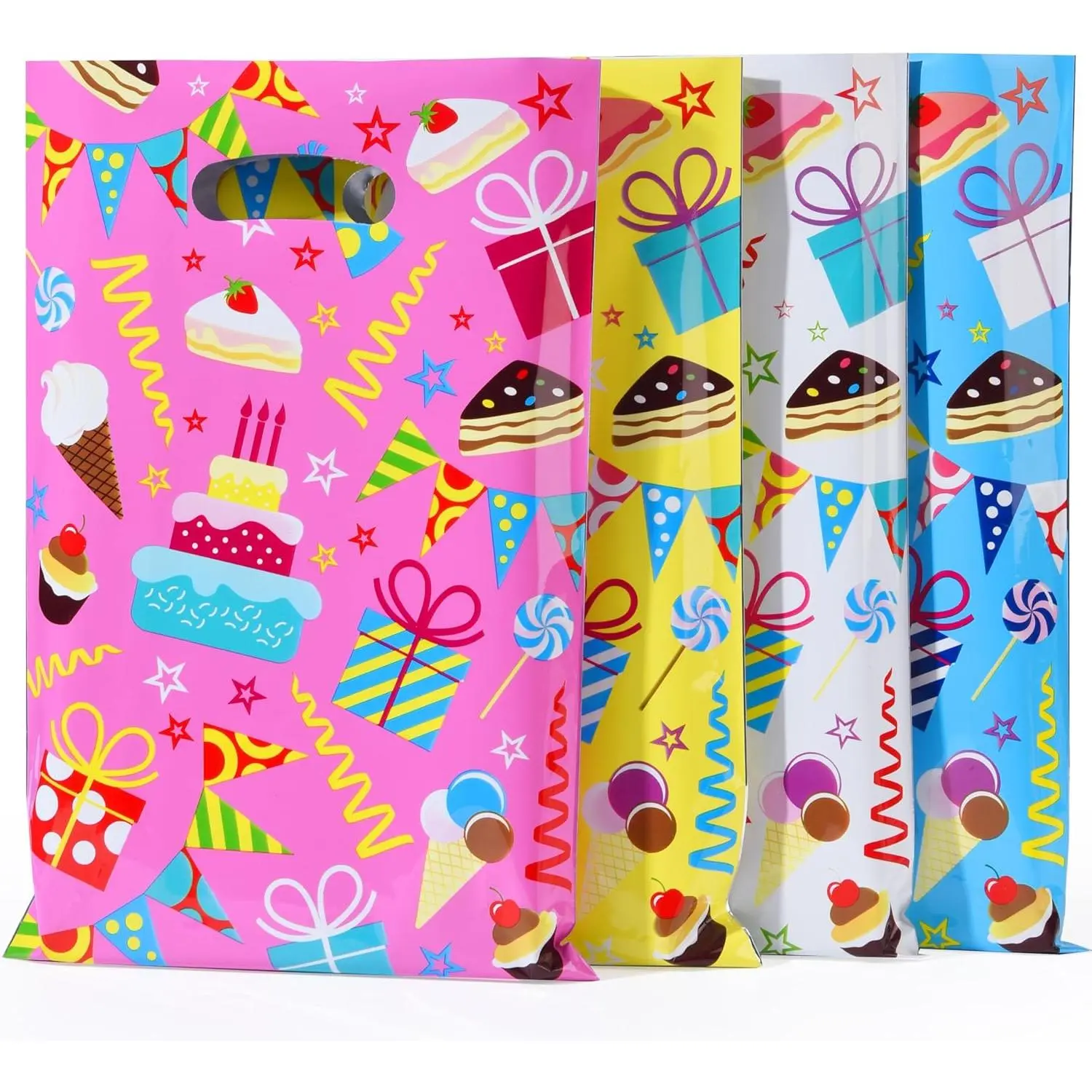Birthday Party Favor Bags, 32 Pack Goodie Bags with Handles, 9.8 x6.7 inches,  Blue Yellow White  Bags for  Parties, Celebrations