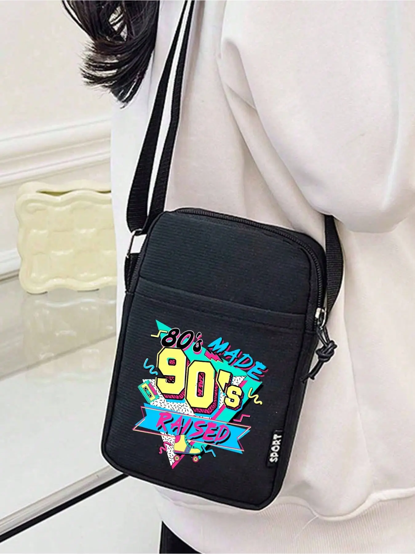 Vintage Cassette Tape Print Crossbody Chest Bag, Y2K Street Hip Hop Nylon Shoulder Bag, Multi-Functional Zipper Phone Pouch, Fanny Pack & Travel Crossbody Bag, Lightweight & Durable, Holds Cellphone, Keys, Passport And Daily Essentials, 90s Retro Style