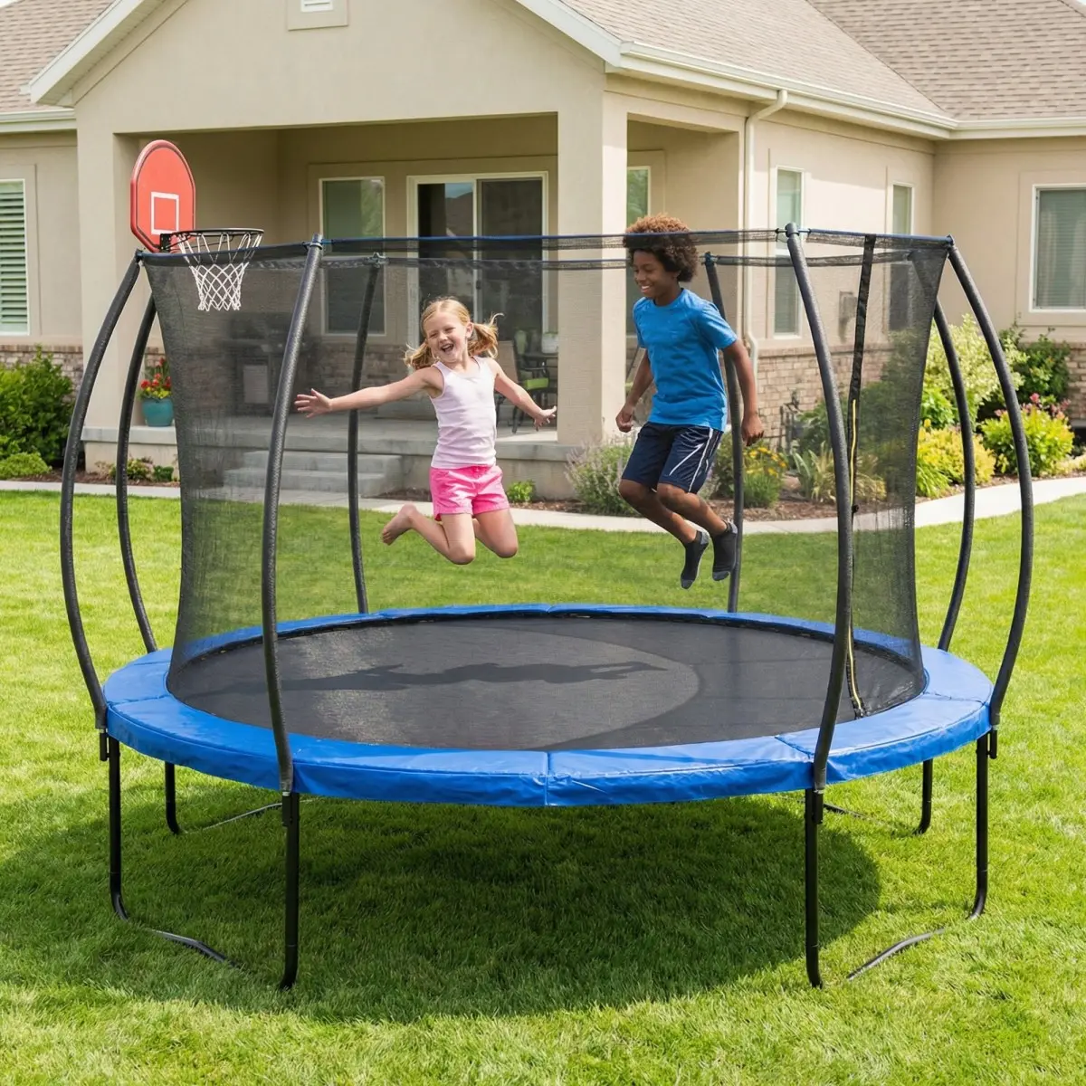 14 FT Pumpkin Outdoor Trampoline for Kids & Adults with Basketball Hoop, Safety Enclosure Net, and Ladder, Anti-Collapse Galvanized Metal Frame, Basketballhoop, Ground Trampoline, Rectangle Trampoline Outdoor