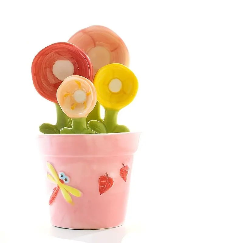 Floral Measuring Spoon Set, Cute Ceramic Measuring Cup with Spoons and Stand, Perfect for Baking, Unique Gift for Bread Makers, Kitchen Accessories, Kitchen Measuring Utensils, Measuring Cups And Spoons