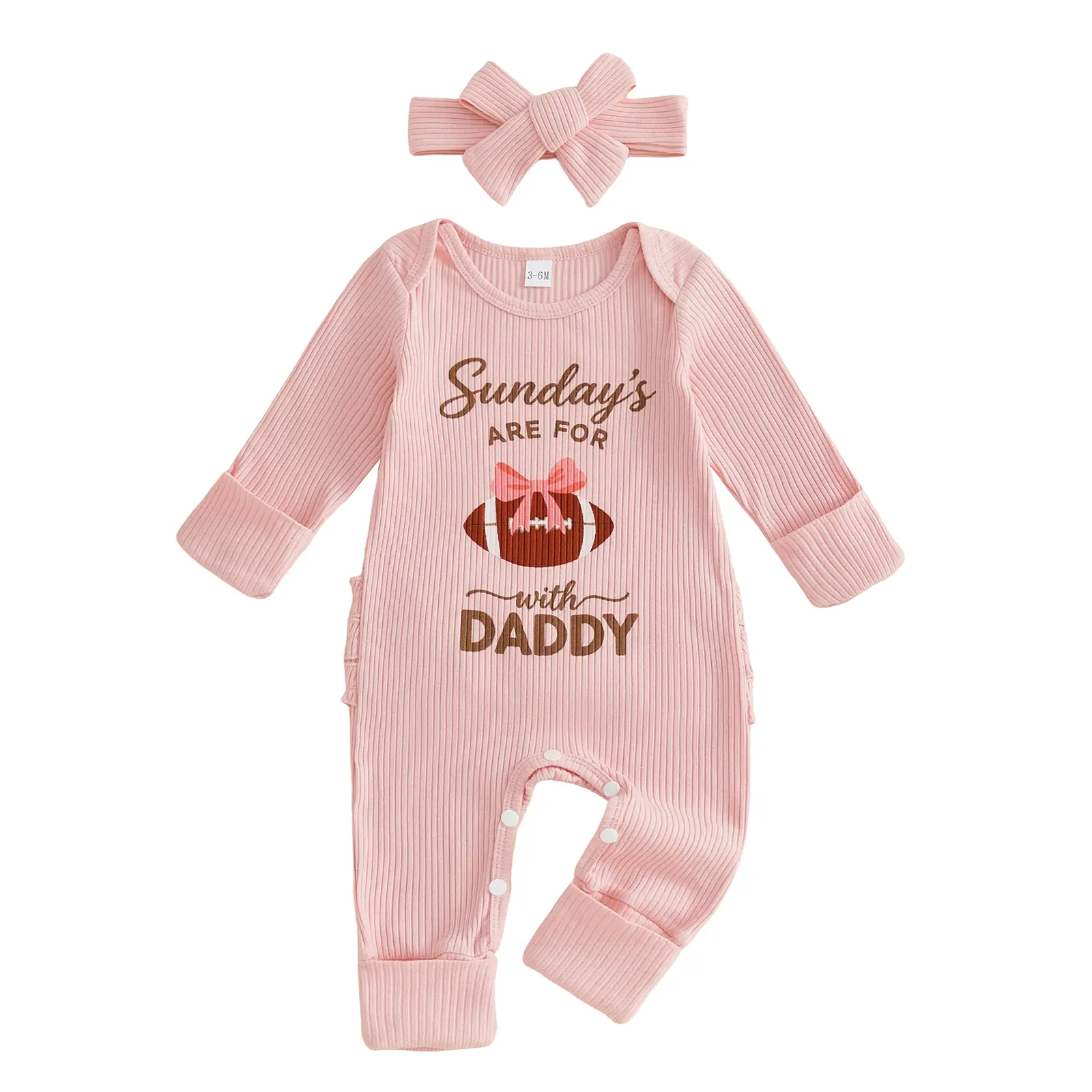 Frietlebird Newborn Baby Girl Cotton Blend Football Print Rompers Set - Long Sleeves Round Neck Newborn Onesies, Infant Outfit with Headband, 0-3 Months Fall Winter Baby Clothing