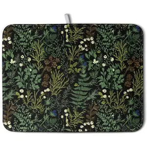 Black Sage Green Plant Dish Drying Mat for Kitchen Counter Vintage Botanic Fern Leaves Floral Dish Drainer Mats Absorbent Microfiber Dishes Pad Reusable Washable Large Dish Draining Mat 18x24 Inch