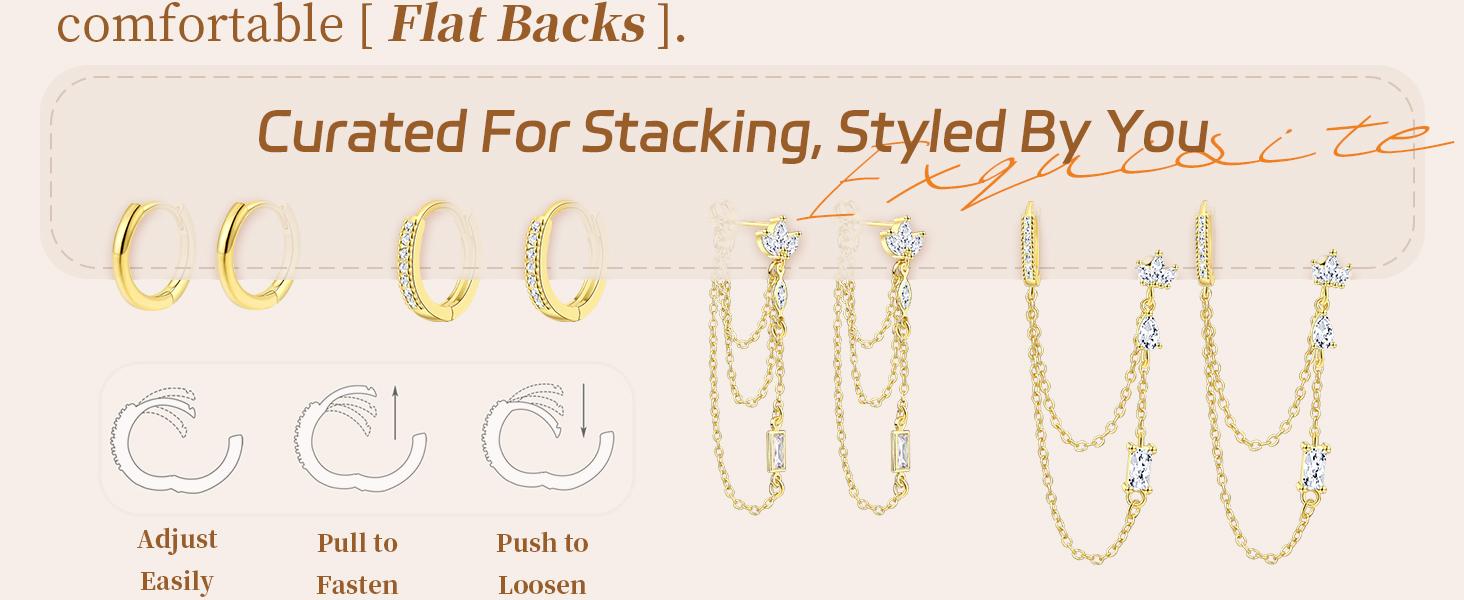 BASIC SUPPLY 6PCS Earring Stacks Cartilage Chain Helix Piercing Sets For Women Flat Back Multiple Piercing Dangle Huggie Hoop Stackable Jewelry