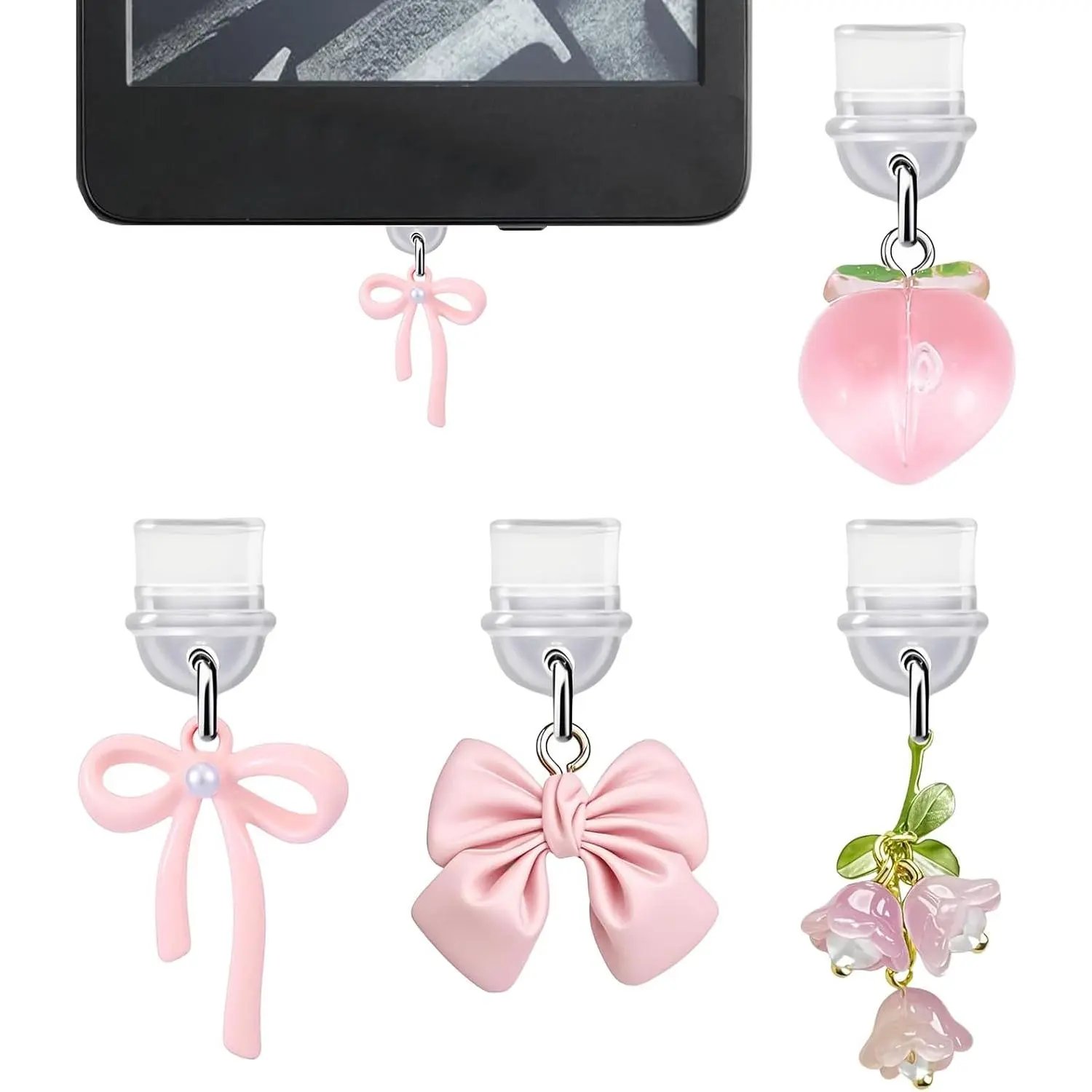 4-Count Synthetic Bow Dust Plug Charms - Mobile Accessories, Cute Accessories for Kindle E-Reader, Phone, iPad with Type C/USB-C Port (CP001)