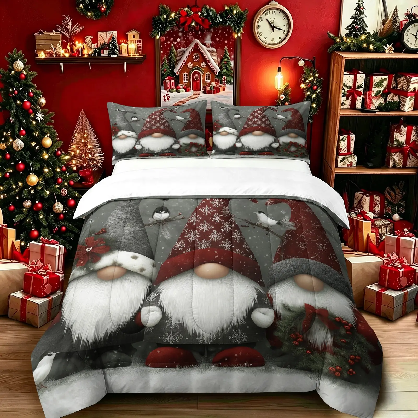 Grey Red Christmas Gnome Comforter Set (1 Quilt + 1-2 Coreless Pillowcases), Soft Comfy Durable Washable, All Season Microfiber Bedding, Winter Bird Gonk Print Decorative Bed Set for Holiday Bedroom Dorm