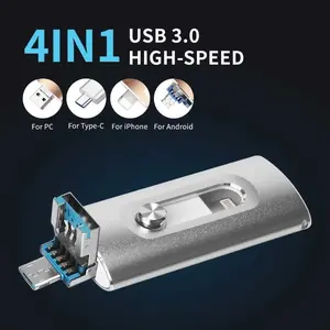 4 in 1 OTG Flash Drive for iPhone, iPad & Type-C & Android Phones & Computer, USB 3.0 High Speed Memory Stick 64GB 128GB 256GB 512GB 1TB Photo Stick Pen Drive Thumb Drive with Backup Function