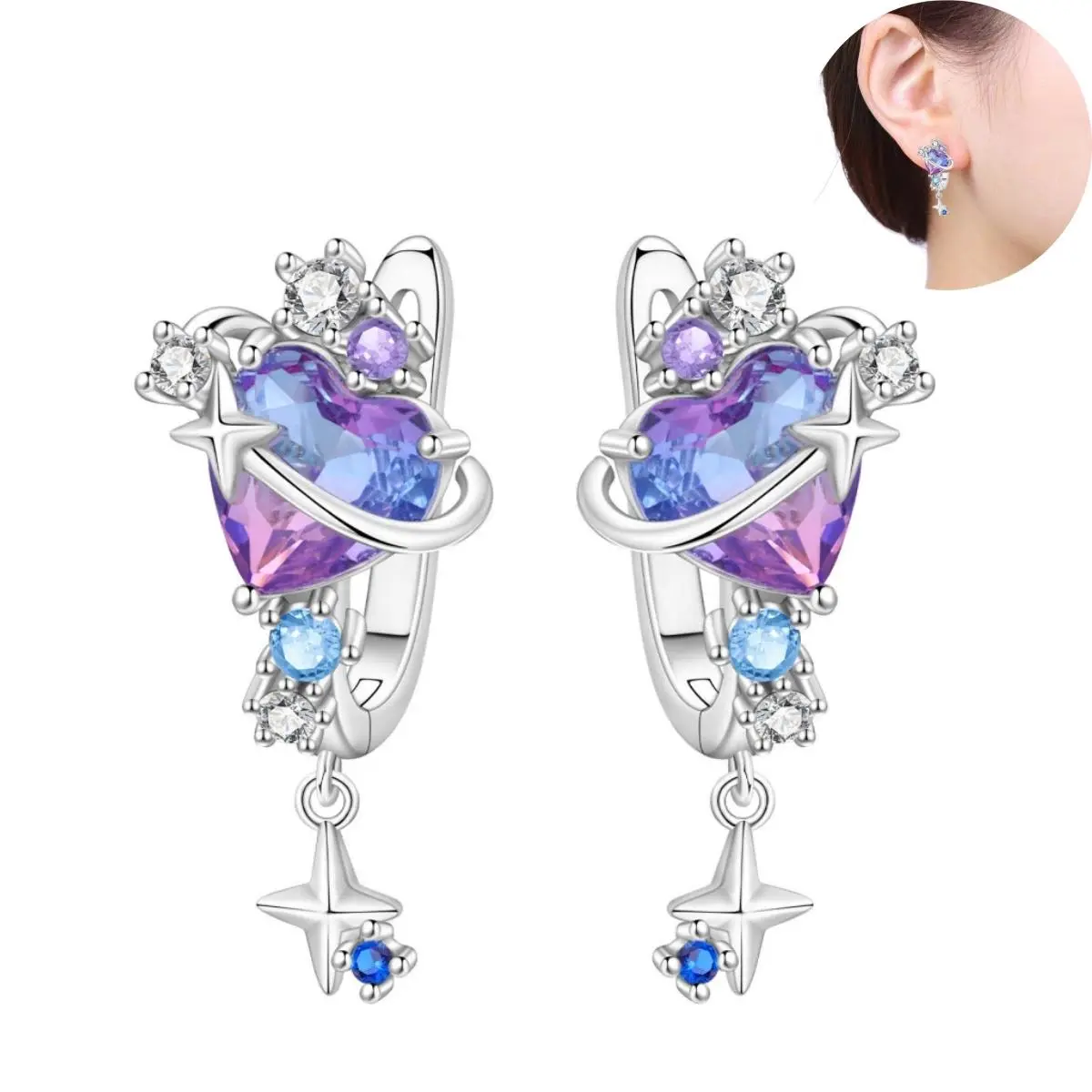 PANPOKI 925 Sterling Silver Colorful Love Satellite Drop Earrings Women Earrings Charm Fashion Versatile Party Jewelry Gifts