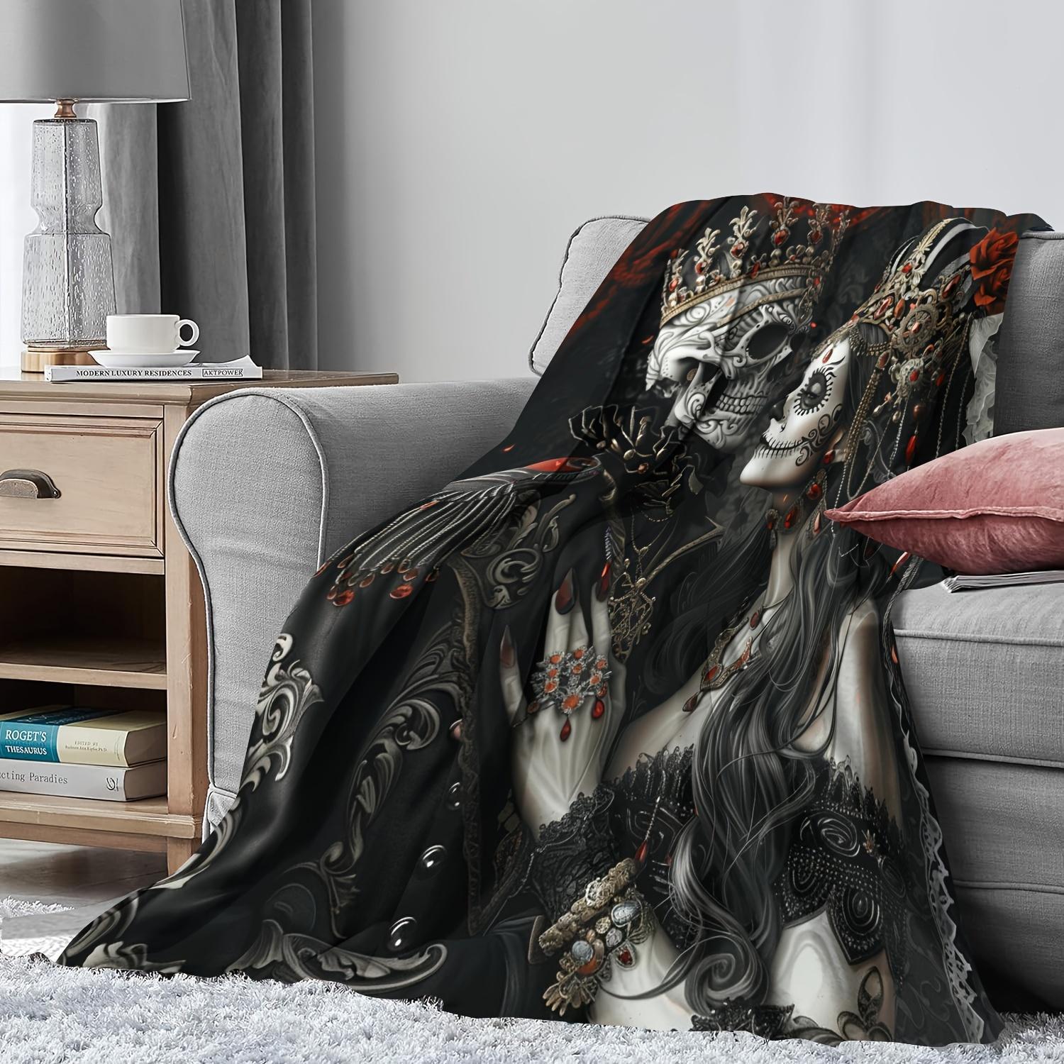 1pc Husband Gifts Blanket For Wife Skull Couple Printed Soft Blanket Flannel Blanket Warm Skin-friendly Office Nap Throw Blanket, Sofa Bed Blanket For Halloween