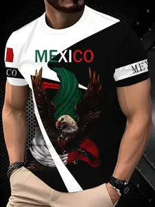 Mexican Flag Eagle Pattern Slim Fit T-Shirt, Men's Fashion Short Sleeve, National Theme Design, Casual Trendy Top, All Seasons Wear