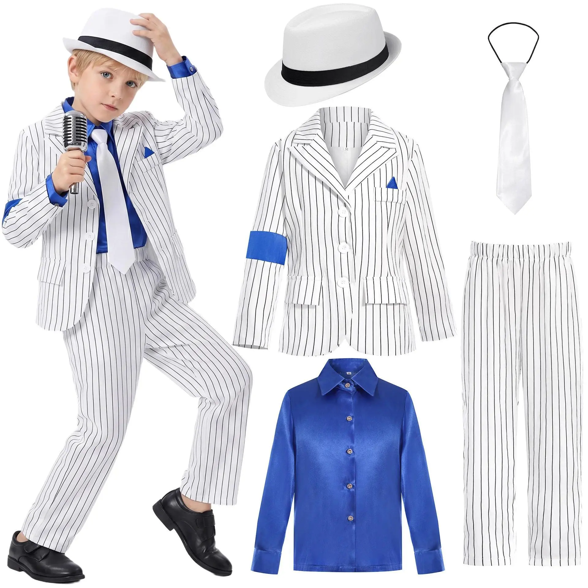 2026 New Kids Michael Jackson Costume Cosplay Striped Suit Gold Pants Suit Boys MJ Stage Costume Halloween Performance Suits