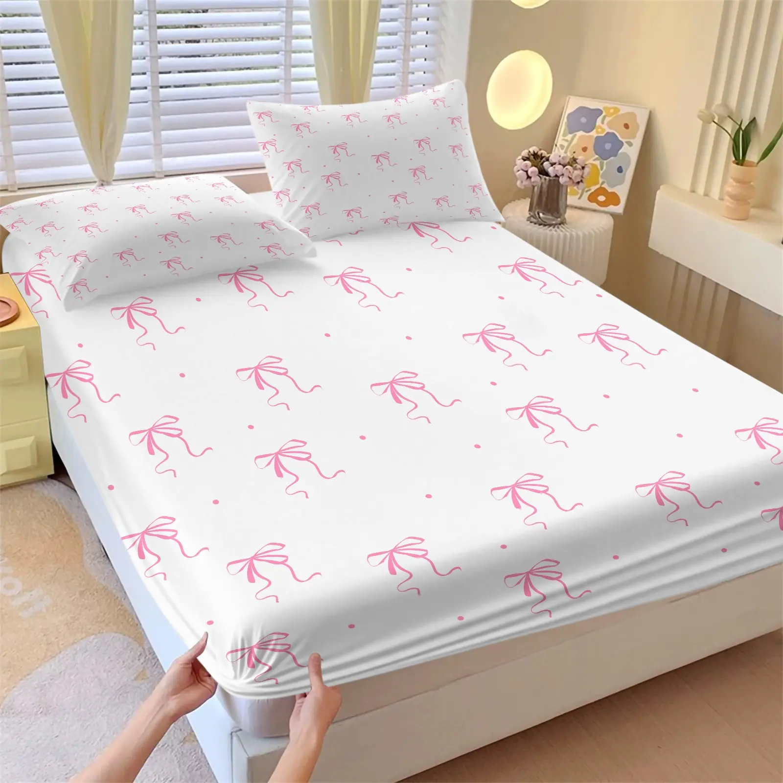 Simple Pink Ribbon Bow Dot Print Bed Fitted Sheet Set, Bedsheet Set, Bow Bedding Set, Includes 2 Pillowcases, Soft Girly Ins Aesthetic, Stretch Elastic Non-Slip Mattress Cover, Skin-Friendly Machine Washable Fabric, Lovely Room Decor Gift for Sweet Girls