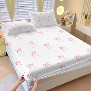 Simple Pink Ribbon Bow Dot Print Bed Fitted Sheet Set, Includes 2 Pillowcases, Soft Girly Ins Aesthetic, Stretch Elastic Non-Slip Mattress Cover, Skin-Friendly Machine Washable Fabric, Lovely Room Decor Gift for Sweet Girls