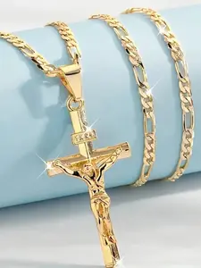 3D Relief Jesus Cross Pendant, Fidelio Chain, Elegant Religious Jewelry, Perfect Gift for Faithful Believers
