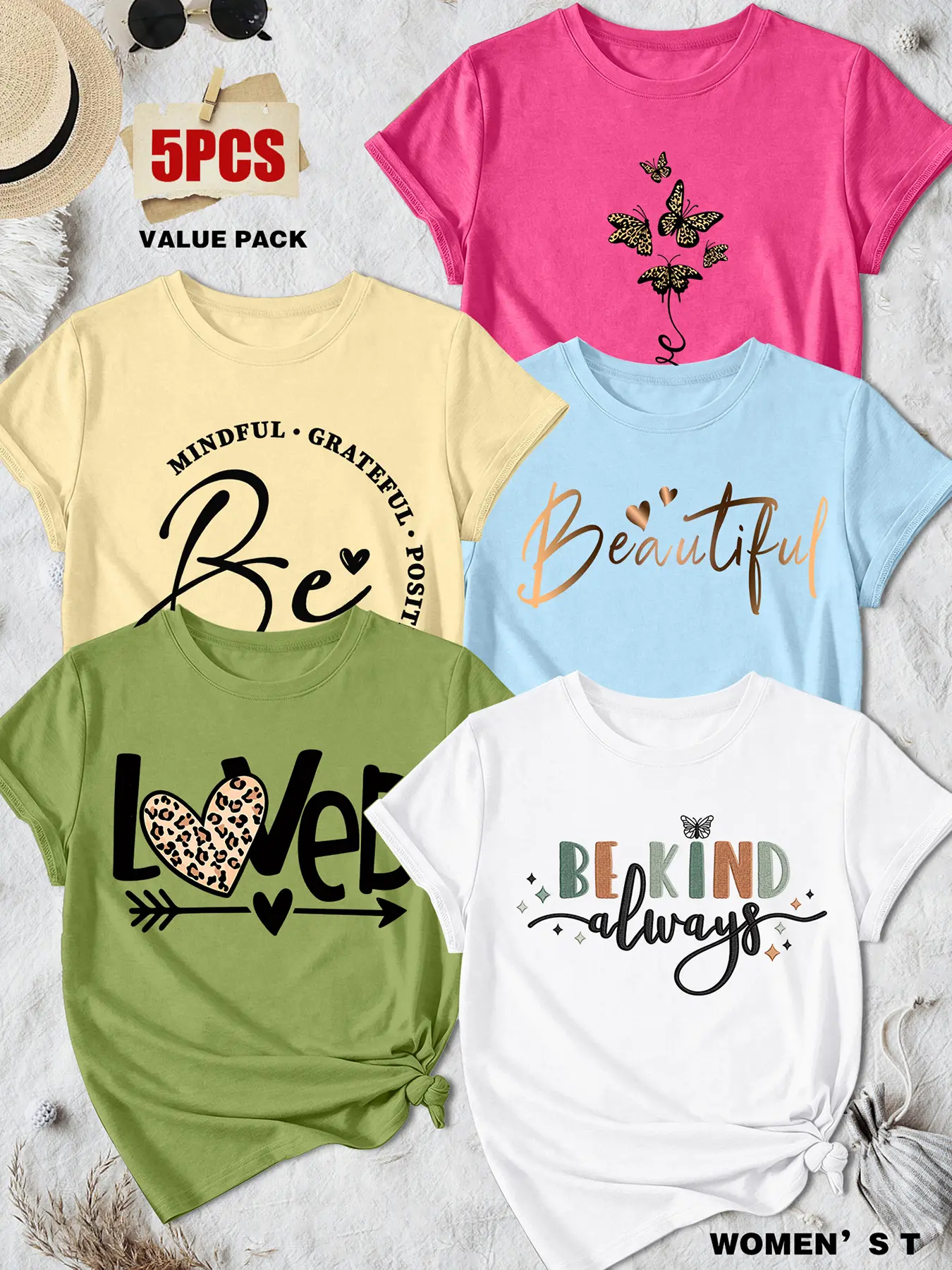 5Pcs Women Crew Neck T-shirt, Leopard LOVE Arrow Butterfly Be Kind Positive Letter Print, Soft Girly Spring Summer Daily Top Suit