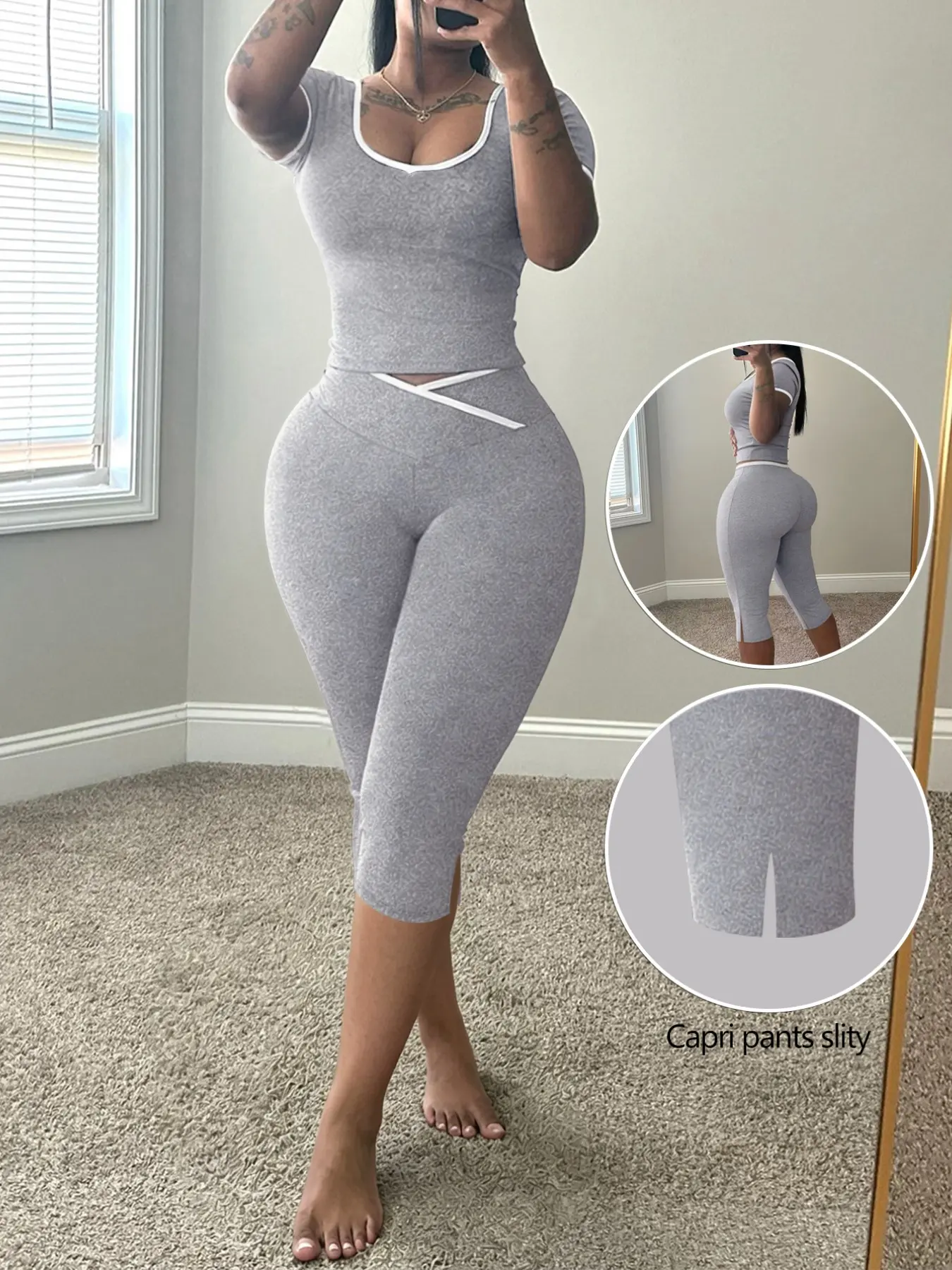 Lw Sherowear Chic Soft Basic Fashion Women's Slim Fit Short Sleeve and Capri Pants Set, Split Leg, Perfect for Summer Home Wear