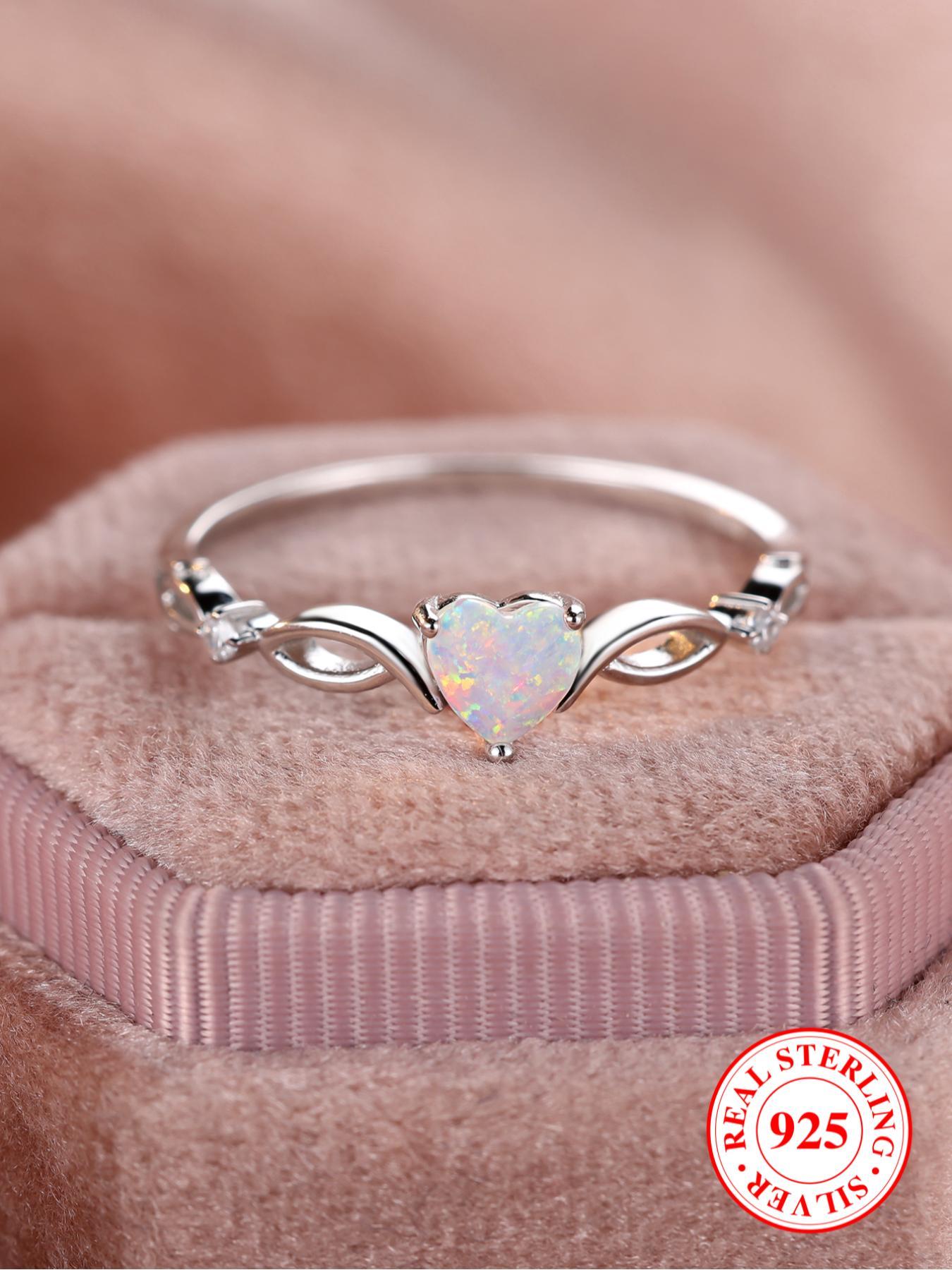S925 Sterling Silver Fashion Colorful Heart Shaped Decor Ring, Promise Engagement Rings, Elegant Artificial Opal Decorated Ring for Women & Girls, Perfect Holiday Anniversary Birthday Gift, Valentine's Day Gift