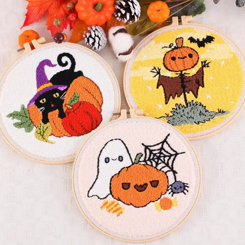 Halloween Punch Needle Kit for Craft Enthusiasts - All Seasons DIY Embroidery Handcraft with Fabric, Punch Needle Tool and Complete Materials for Adults, Embroidery Kit