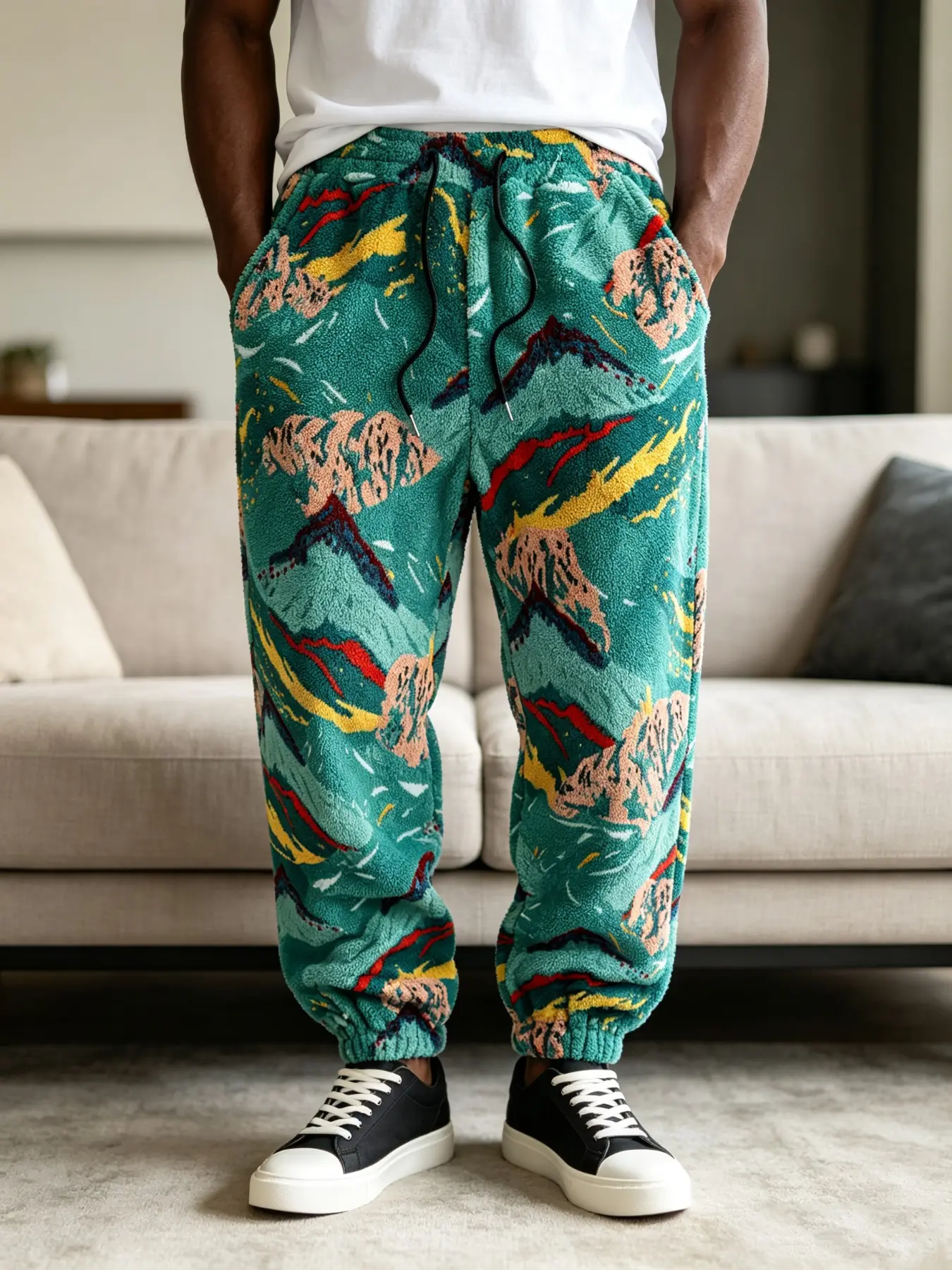 Men Mountain Landscape Print Fluffy Fleece Jogger Pants, Soft Plush Drawstring Sweatpants, Side Pockets, Winter Loungewear, Hiking, Casual