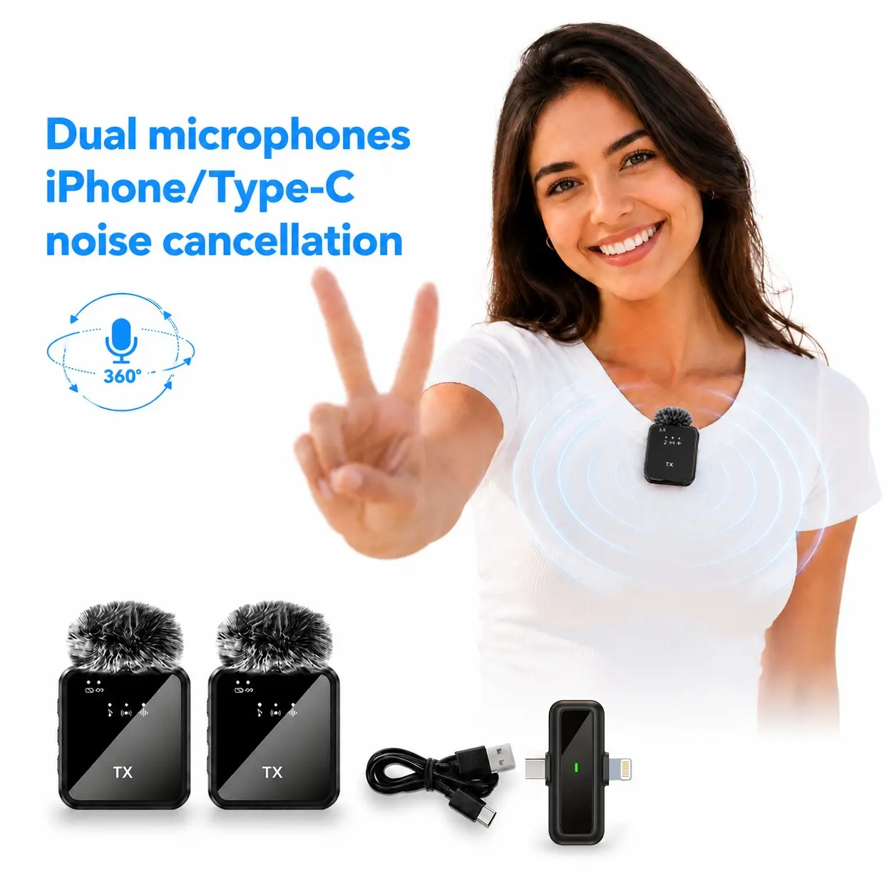 2-Piece Wireless Lavalier Microphone Set, Dual Mics, Lapel Mic, Ai Noise Cancellation, 360° Pickup, 65ft Range, Long Battery Life, Ideal for Tiktok, Youtube, Vlogs, Live Streaming Mic, Noise Cancelling Mic