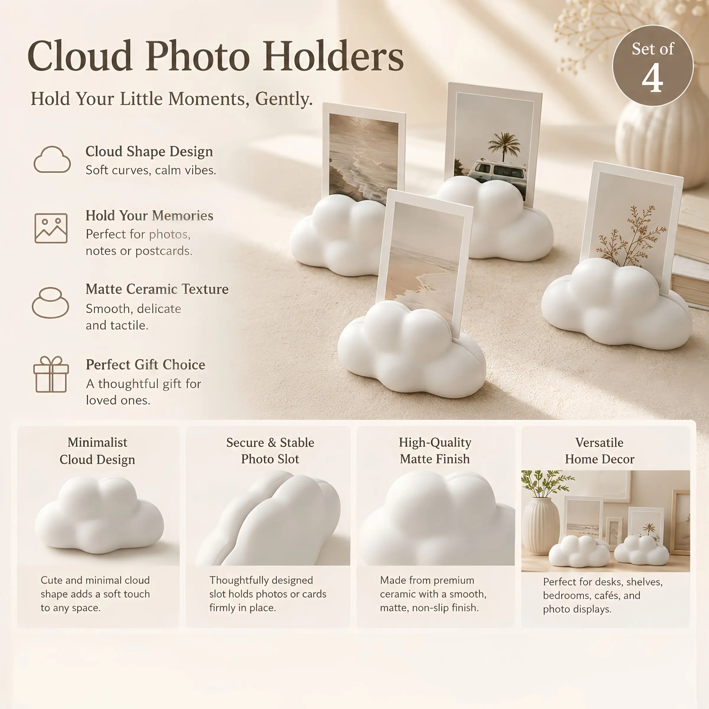 4-Piece Cloud-Shaped Photo Frame Set, Desktop Holder, Multi-Functional Display Stand, Ideal for Polaroids, Postcards, Business Cards, Notes, Home Office Decor