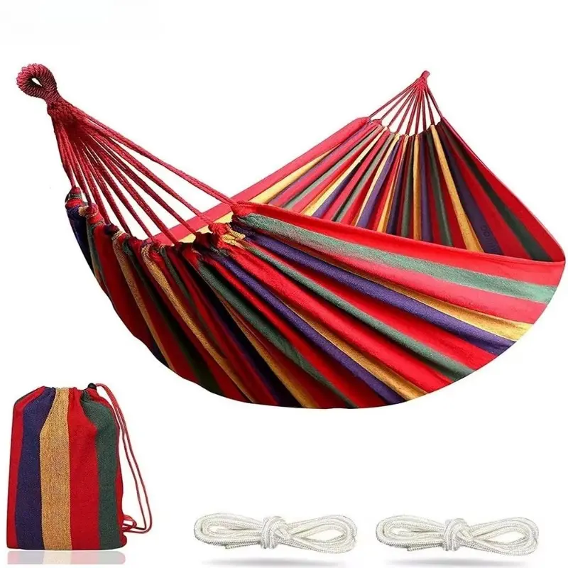 Double Hammock 2 Person Canvas Cotton Hammock with Tree Straps for Patio Garden Backyard Outdoor and Indoor Hammocks For Outside (Red, Blue) Cozy Hammock