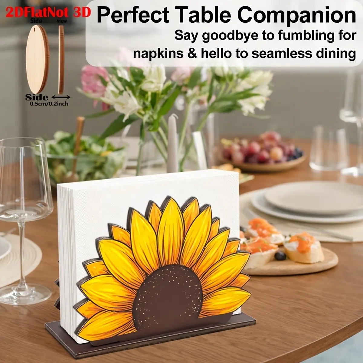 1 piece Sunflower Wooden Napkin Holder, Rustic Yellow Sunflower Table Paper Napkin Dispenser, Farmhouse Floral Wood Napkin Stand for Kitchen Dining Table Spring Summer Farm Home Decor