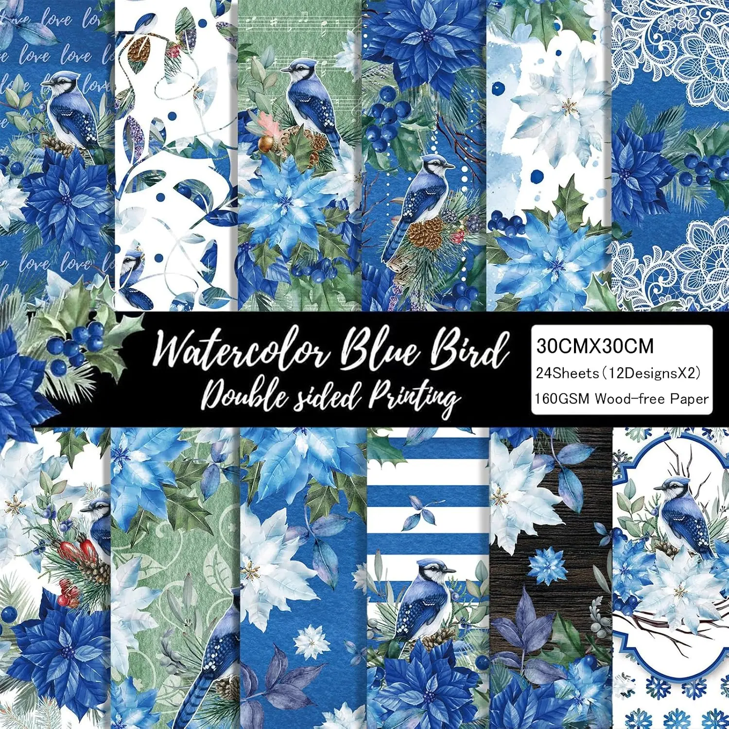 Blue Floral Scrapbook Paper 12x12 Double Sided - 24 Sheets Watercolor Flower Printing Decorative Craft Scrapbooking Paper Pad Junk Journal Supplies for Card Making Background Art Cottagecore Album