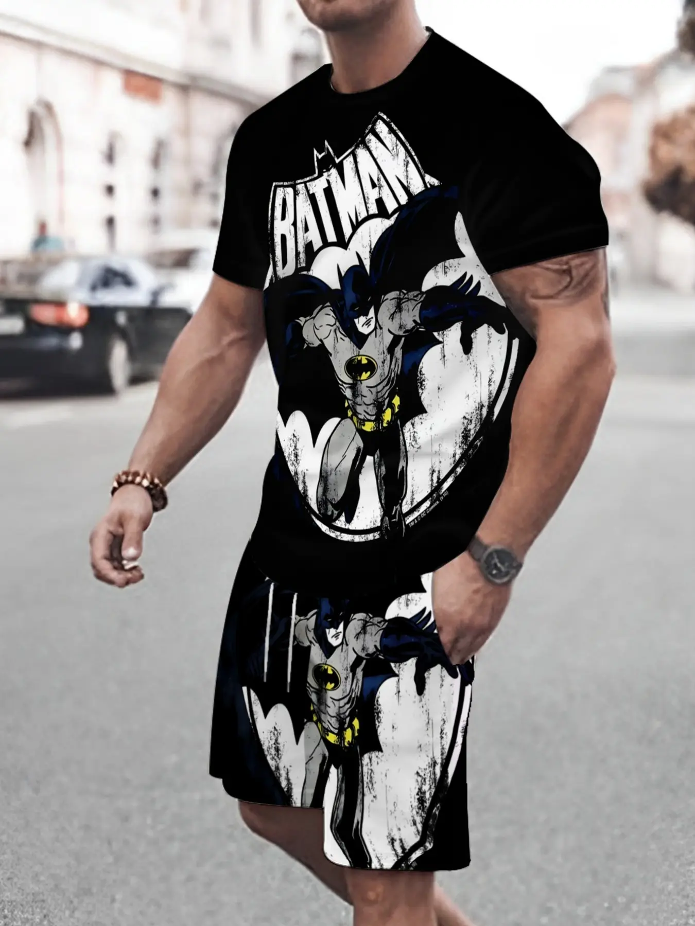 Men's Warner Collaboration Short Sleeved Shorts Set, Superhero Batman Print, Casual Sports Wear, Comfortable and Stylish