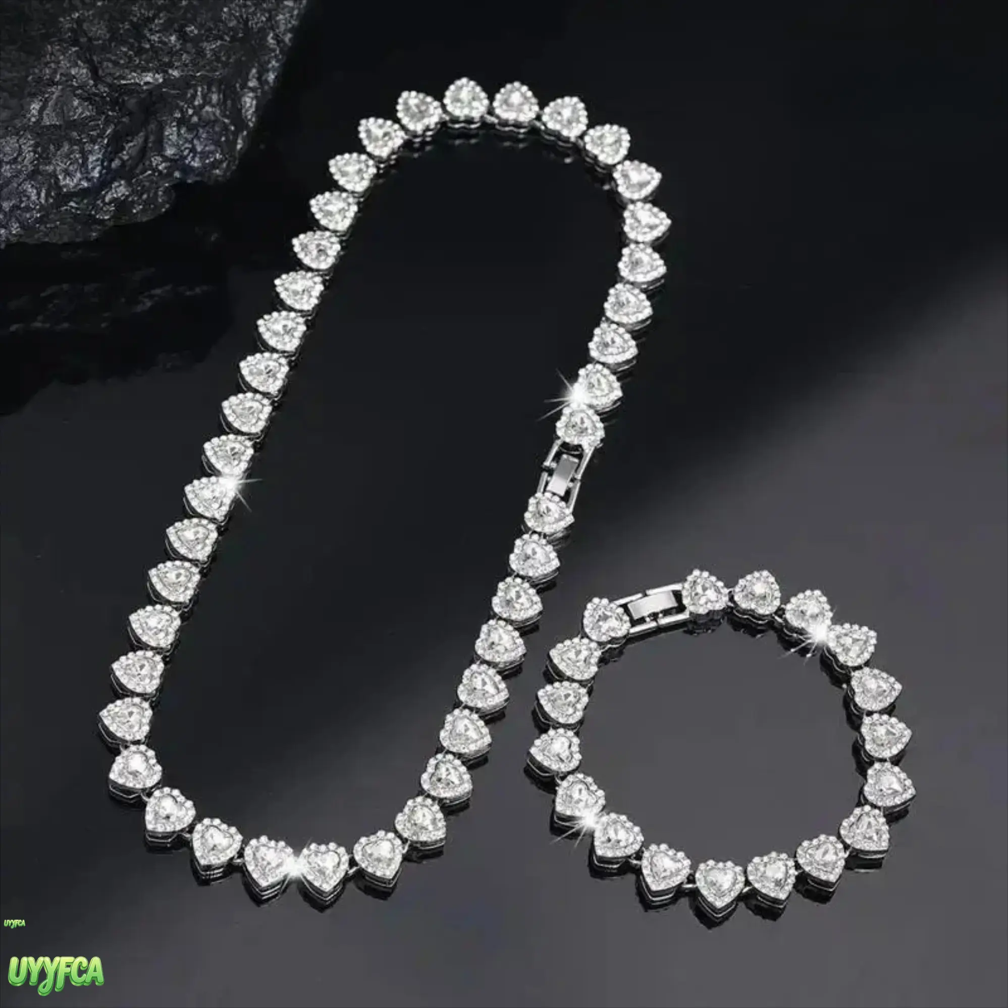 Women's 2PCS Heart Links Jewelry Set - Iced Out Full Crystals Cuban Link Necklace & Wristband, Hip-Hop Bling Choker, Party Wear Accessory for Valentine Birthday Gifts (TikTok-Trending Summervibes), Heart Necklace, Crystal Links