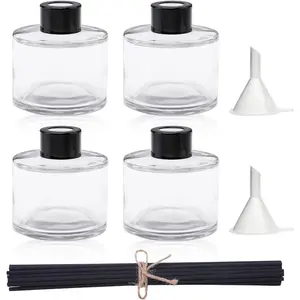 4PCS 100ML Refillable Glass Diffuser Bottles with 20 Reed Sticks, Black Caps & Funnel, for Home Fragrance Oil Decoration, Perfect Gift for Women Girls