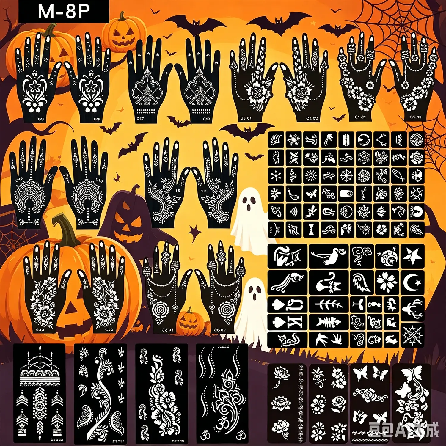 Vibe hollow carved temporary tattoo full stencil pack Henna Stencils with universal unisex patterns, match all henna and airbrush tattoo supplies. Beginner friendly kit for travel check-ins, festival market painting and home selfie portrait body art.