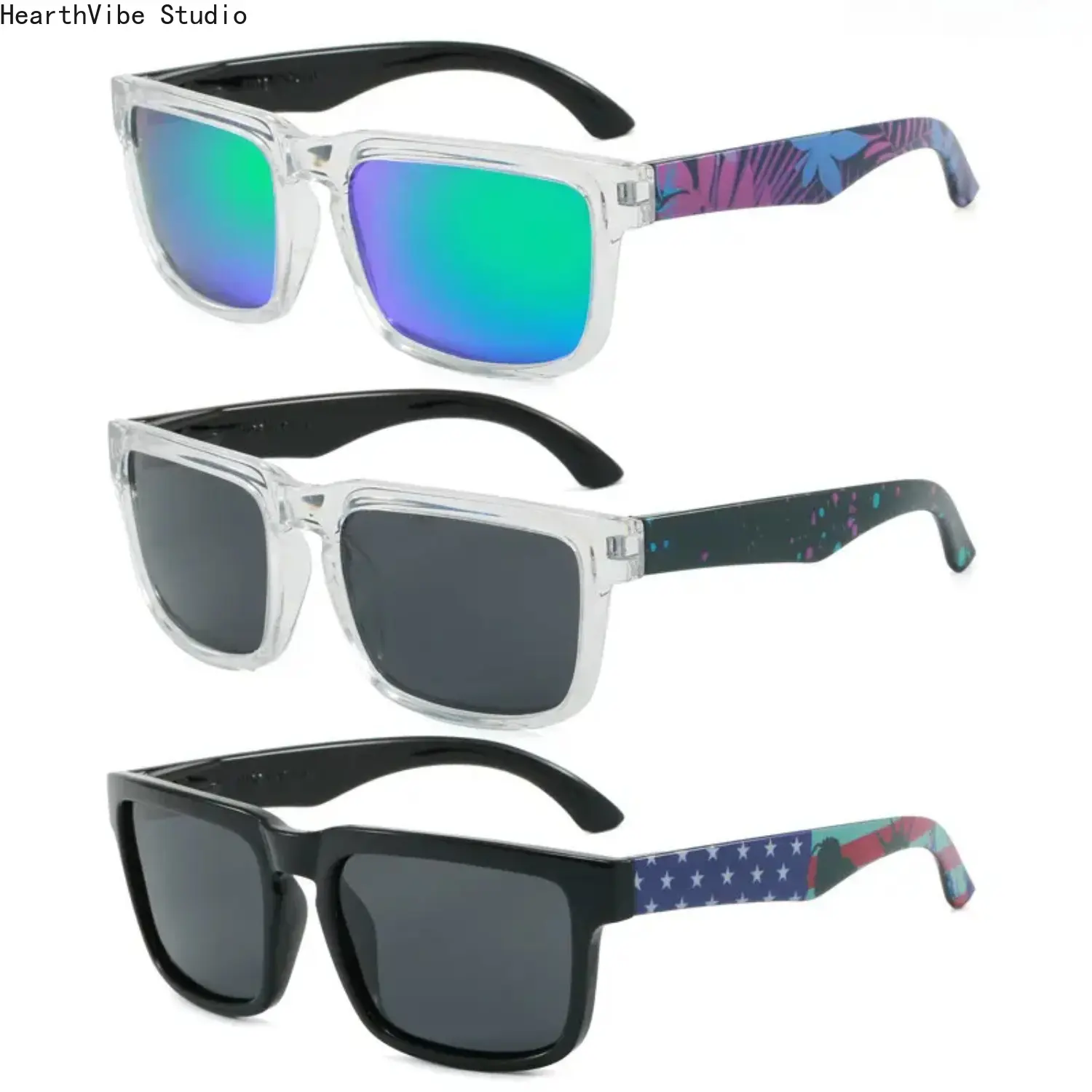 Clear Frame Square Sunglasses Tropical Printed Temples Mirrored Lenses UV400 Protection Beach Vacation Eyewear for Women