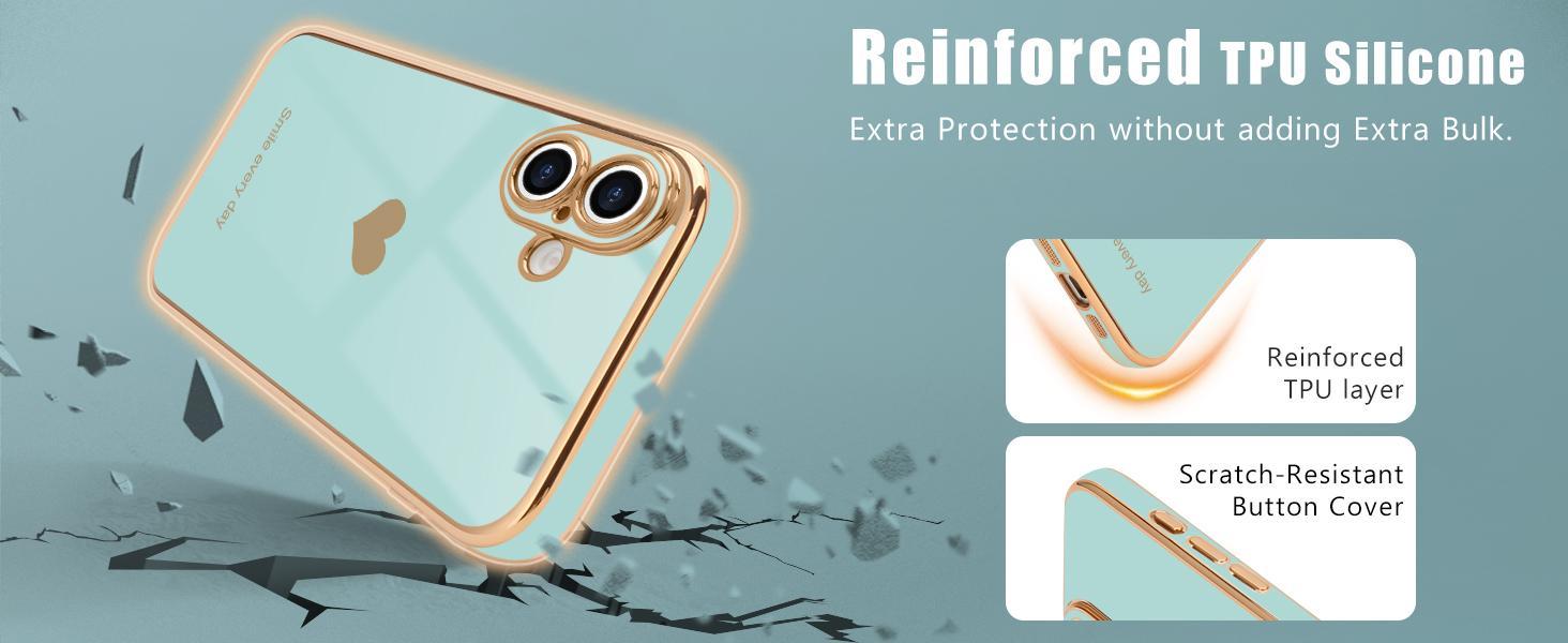 Teageo Compatible with iPhone 16 Case for Girl Women Cute Love-Heart Luxury Bling Plating Soft Back Cover Raised Camera Protection Bumper Silicone Shockproof Phone Case for iPhone 16, Pearl Aqua