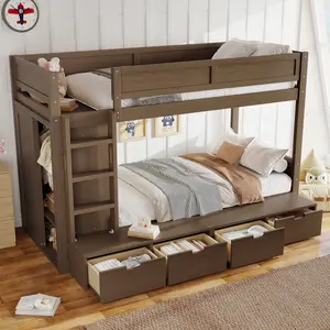[Bellemave] Twin over Twin Bunk Bed with 4 Storage Drawers, Solid Wood Bunk Bed with Built-in Wardrobe and Full-length Guardrails, No Box Spring Needed