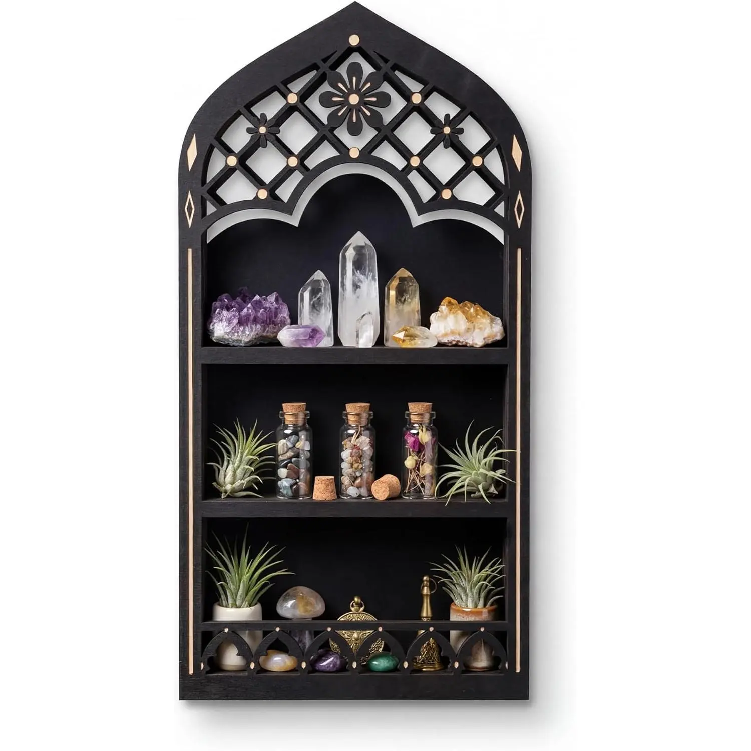 Floating Shelf-Daisy Medium, Gothic Wall Shelf for Bedroom, Black Shelf | Wooden Wall Shelves for Bedroom, Gothroom and Living Room, Black Shelf for Crystal, perfume,gem
